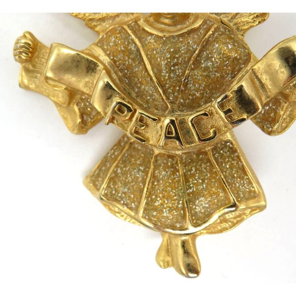Angel Brooch Gold Tone Clear Rhinestones 2" Pin Peace Banner Glitter Enamel - Picture 6 of 14